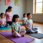 Children practising yoga together in a calm indoor setting